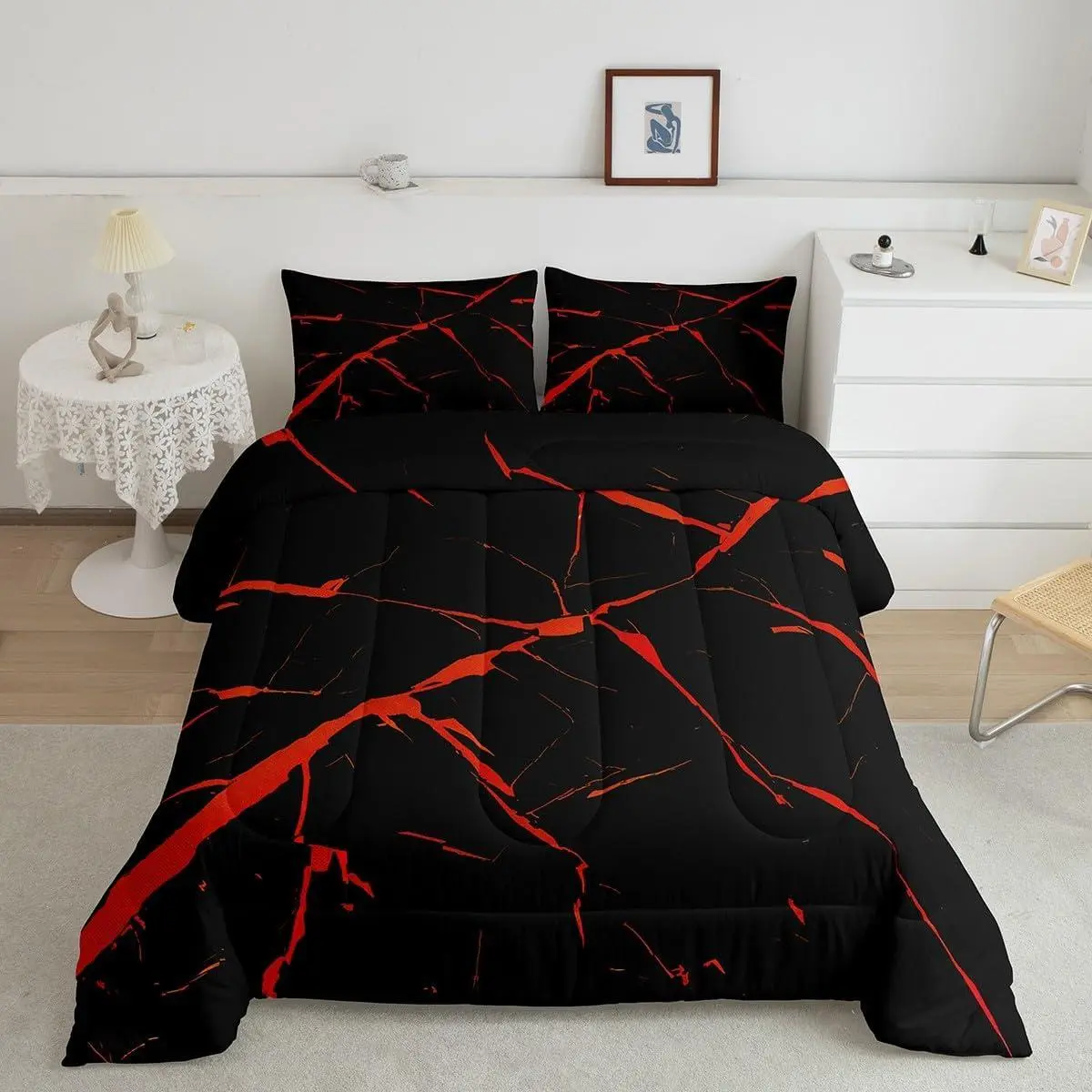 Red Black Geometric Comforter Set Kids Marble Bedding Set for Boys Girls Teens Abstract Stripes Comforter Breathable Abstract Texture Duvet Set Crack Quilt Set