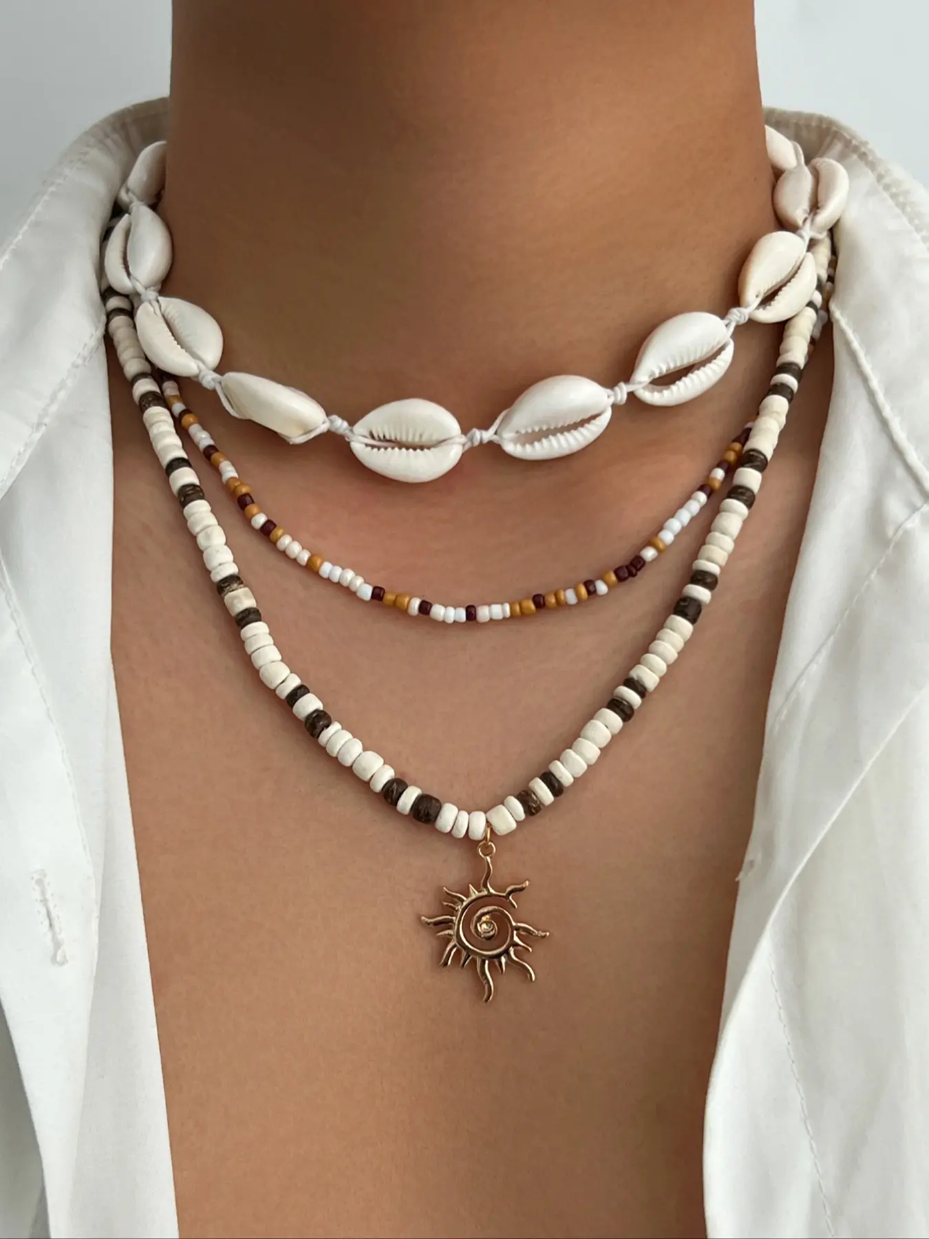 Men's Vintage Bohemian Shell Beaded Necklace Set, Creative Fashion Metal Spiral Sun Pendant Multi-Layer Chain Boho Style Jewelry for Daily Wear & Beach Vacation
