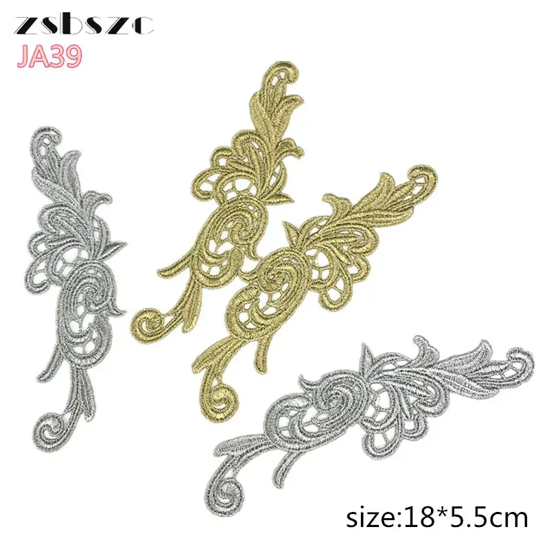 5 Pairs LP-JA39 Golden & Silver Sew-On Lace Appliqués, 18x5.5cm Polyester Textile Accessories, Customizable Collar Supplies for Costume Craft Enthusiasts, Sew-On Appliqué