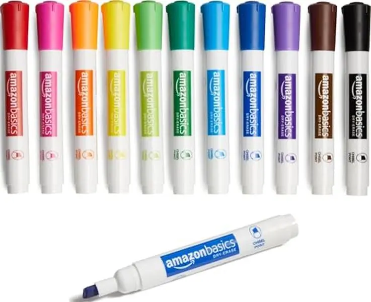 Basics Dry Erase Whiteboard Markers, Chisel Tip, Low-Odor, Assorted Colors, 12-Pack, Erase Easily