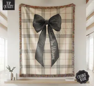 PoppyRosePrintCo Custom Name Coquette Plaid Bow Blanket Ivory 100% Cotton Personalized with Last Name Classic Plaid Design Heirloom Gift