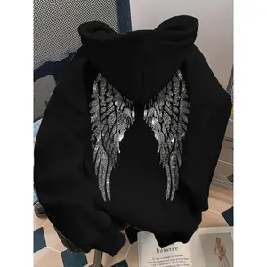 Women's casual long sleeved hooded sweatshirt with rhinestone wing pattern, fitted pullover, fashionable in autumn and winter, suitable for all seasonsRAIMENTRY