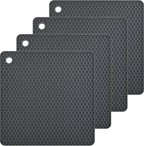 4Pcs Grey Silicone Trivets, 6.9"L x 6.9"W x 0.2"Th Silicone Hot Pads, Silicone Hot Mat for Countertop, Square Trivets Set, Heat Resistant Pads, Table Hot Pots Placemats