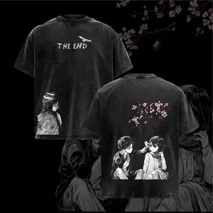 Menswear Top, Eren x Mikasa Attack on Titan Oversized Washed Distressed Round Neck Shortsleeve Heavy Cotton Unisex Vintage Anime Manga T-Shirt, Tragic Love Story Fan Gift