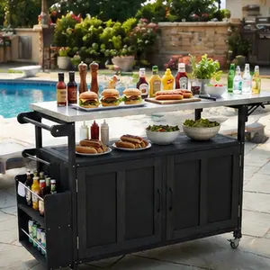 Foldable Outdoor Kitchen Island Cart with Lockable Wheels, Stainless Steel Top, Fir Wood Frame, Storage Cabinet & Towel Rack, Mobile Cooking Station for Patio Garden BBQ, Black, Black Color Options, Wood + Stainless Steel Material