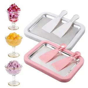 Instant Rolled Ice Cream Maker Kit – No Power Required Stainless Steel Freezing Plate with 2 Spatulas, DIY Tray for Homemade Rolled Ice Cream, Perfect for Yogurt, Sorbet, Gelato, Family Fun at Home