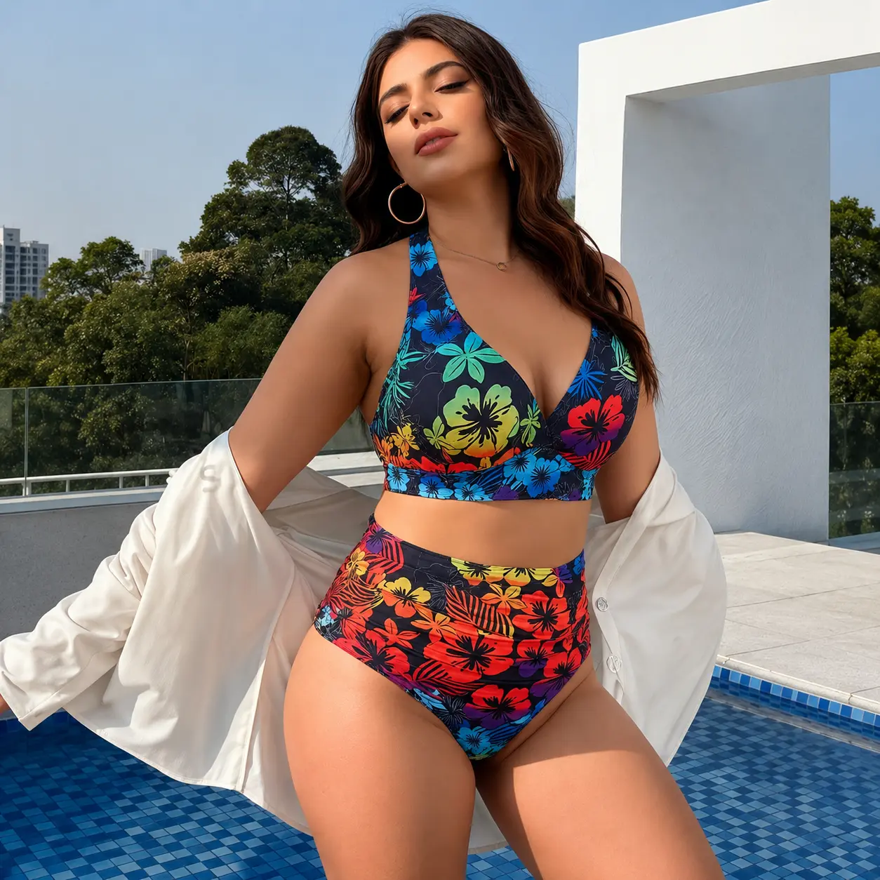 Plus Size Tropical Floral Bikini Set for Women | High-Waisted Tummy Control Two-Piece Swimsuit | Beach Vacation Must-Have