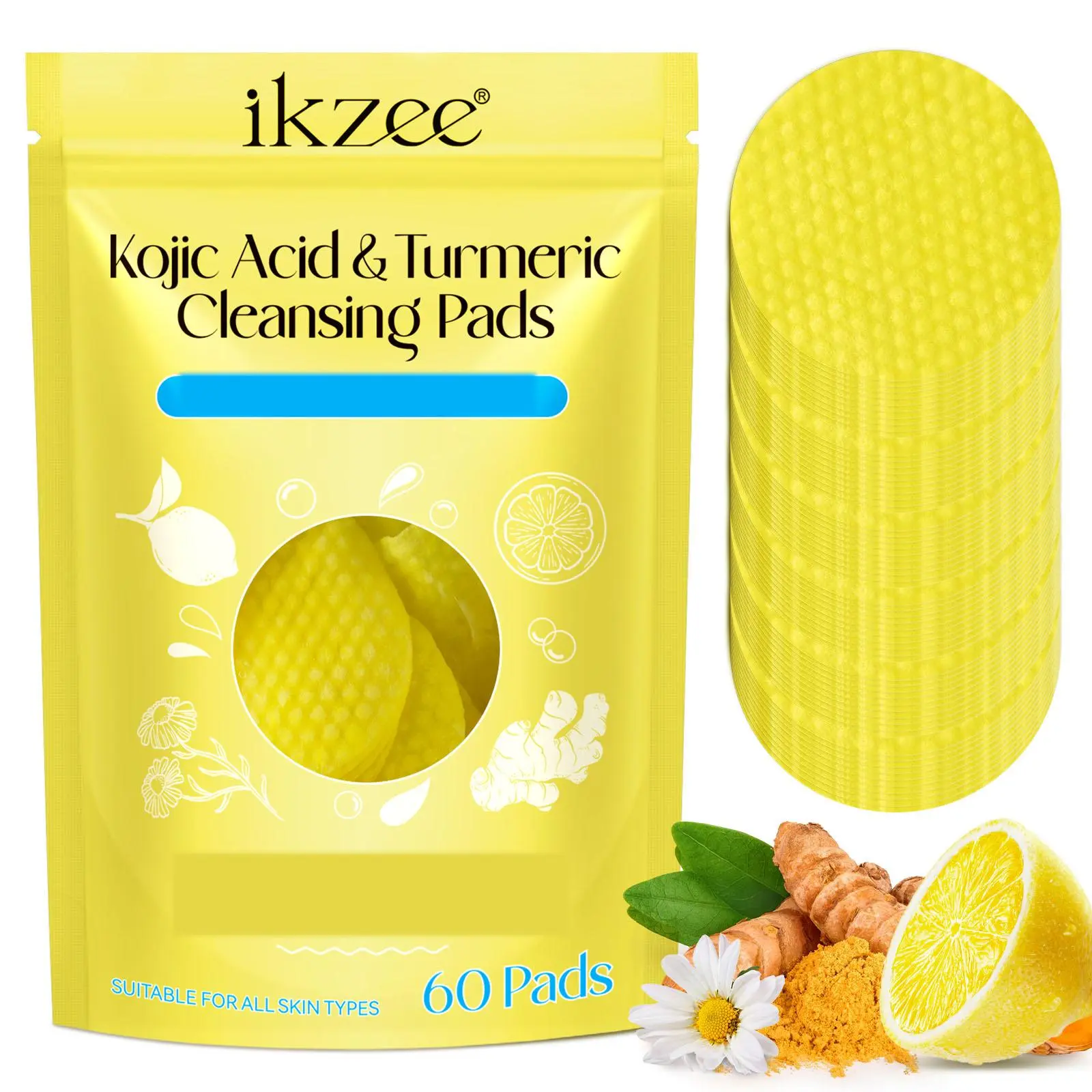 ikzee Kojic Acid & Turmeric Exfoliating Pads, Hydrating Face & Body Wipes for Smooth Skin and Even Tone, For Normal Skin, 60 Pads Set, Moisturizing, Smooth Skin Routine tiktokshopbacktoschool