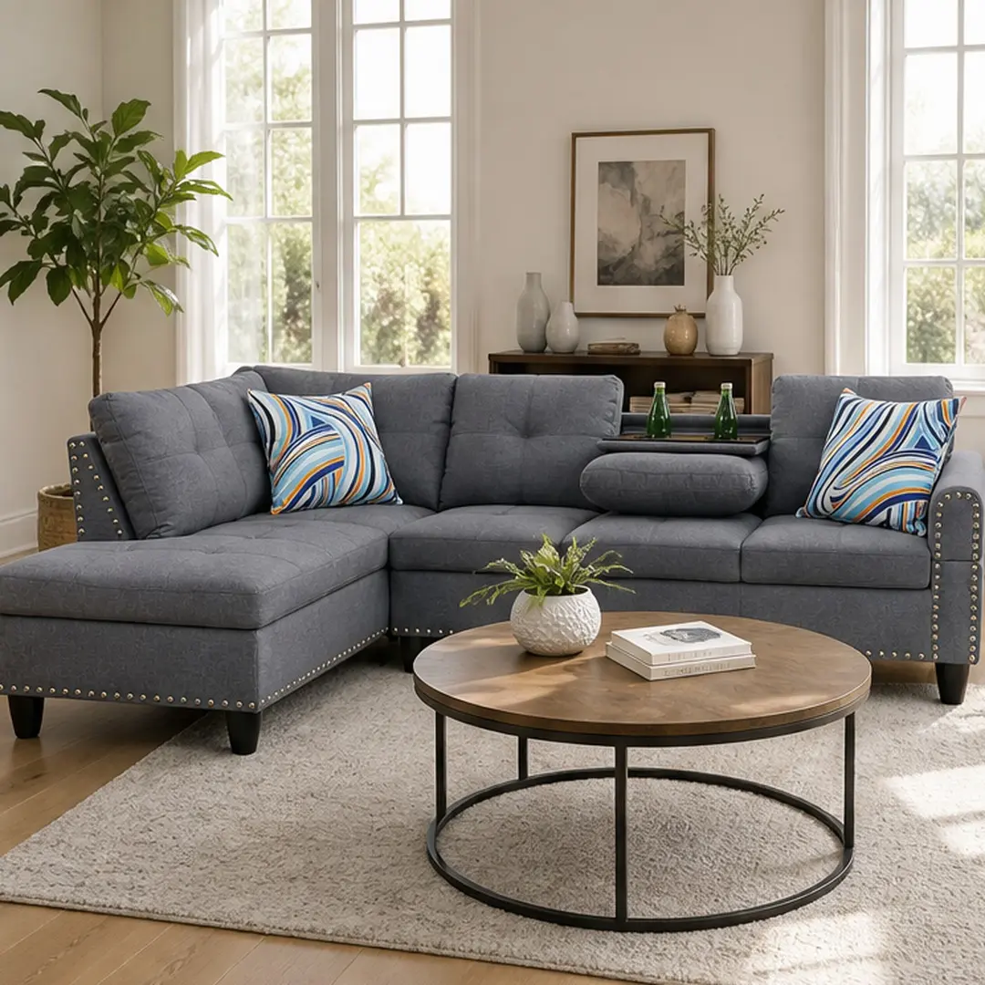 L-Shape Sectional Sofa with Cup Holder and Storage Ottoman, 6-Seat Faux Leather Couch with Pull-Down Cup Holders, Tufted Living Room Set with Nailhead Trim, Grey, Grey Color Options, Foam/Wood Material, 6 Seat Seat Count, Color: Grey
