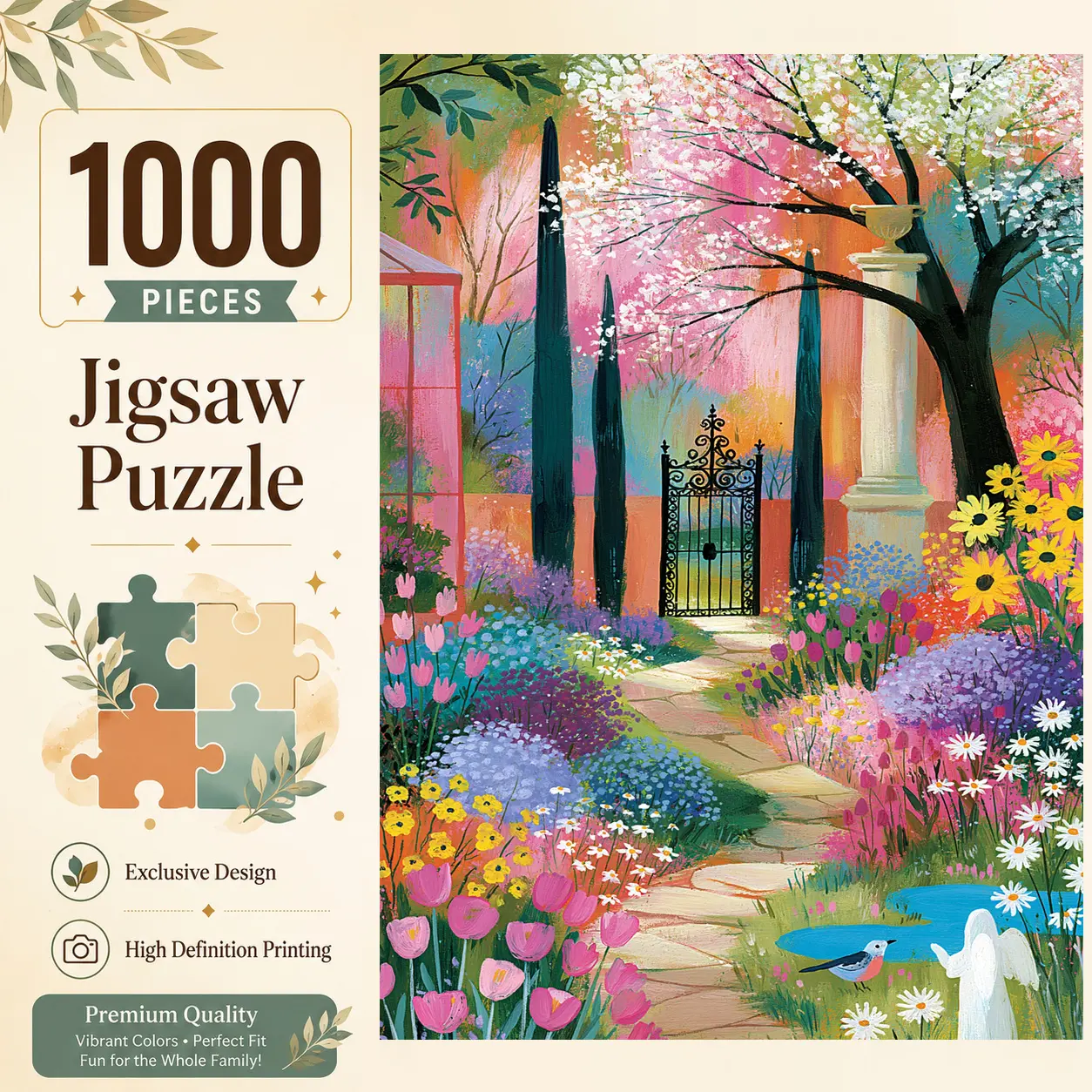 Colorful Secret Garden Gate 1000 Pieces Jigsaw Puzzle for Adults, Challenging Family Game for Stress Relief Relaxation and Brain Exercise, Floral Spring Wall Decor Gift for Garden Lovers and Seniors, 19.7x27.6inch(50x70cm)