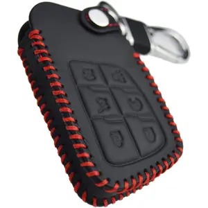 Handmade Stitching 6 buttons Leather Key Fob Cover with Red Stitching for Chevrolet Suburban Tahoe Traverse Colorado Equinox RS and GMC Acadia AT4 Sierra 1500 Yukon XL 2021 2022 2023 2024 2025