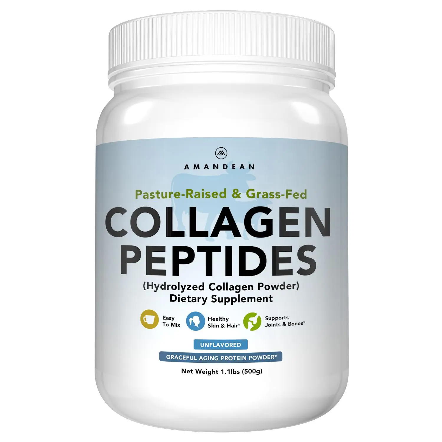 Amandean Premium Grass-Fed Collagen Peptides Powder - Sugar-Free, Gluten-Free Healthcare Supplement for Hair, Skin, Nails (500g)