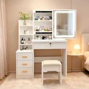 Lighted Mirror Makeup Vanity Desk, White Dressing Table with 3 Shelves, Drawers and Chair, Large Capacity Storage Organizer for Bedroom