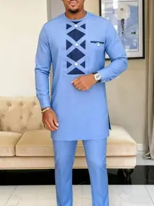 Men's Muslim Kaftan Set Thobe Combo, Modest Round Neck Long Sleeve Patchwork Embroidered Casual, Wedding Holiday Business Gift, Traditional African Clothing For Muslim
