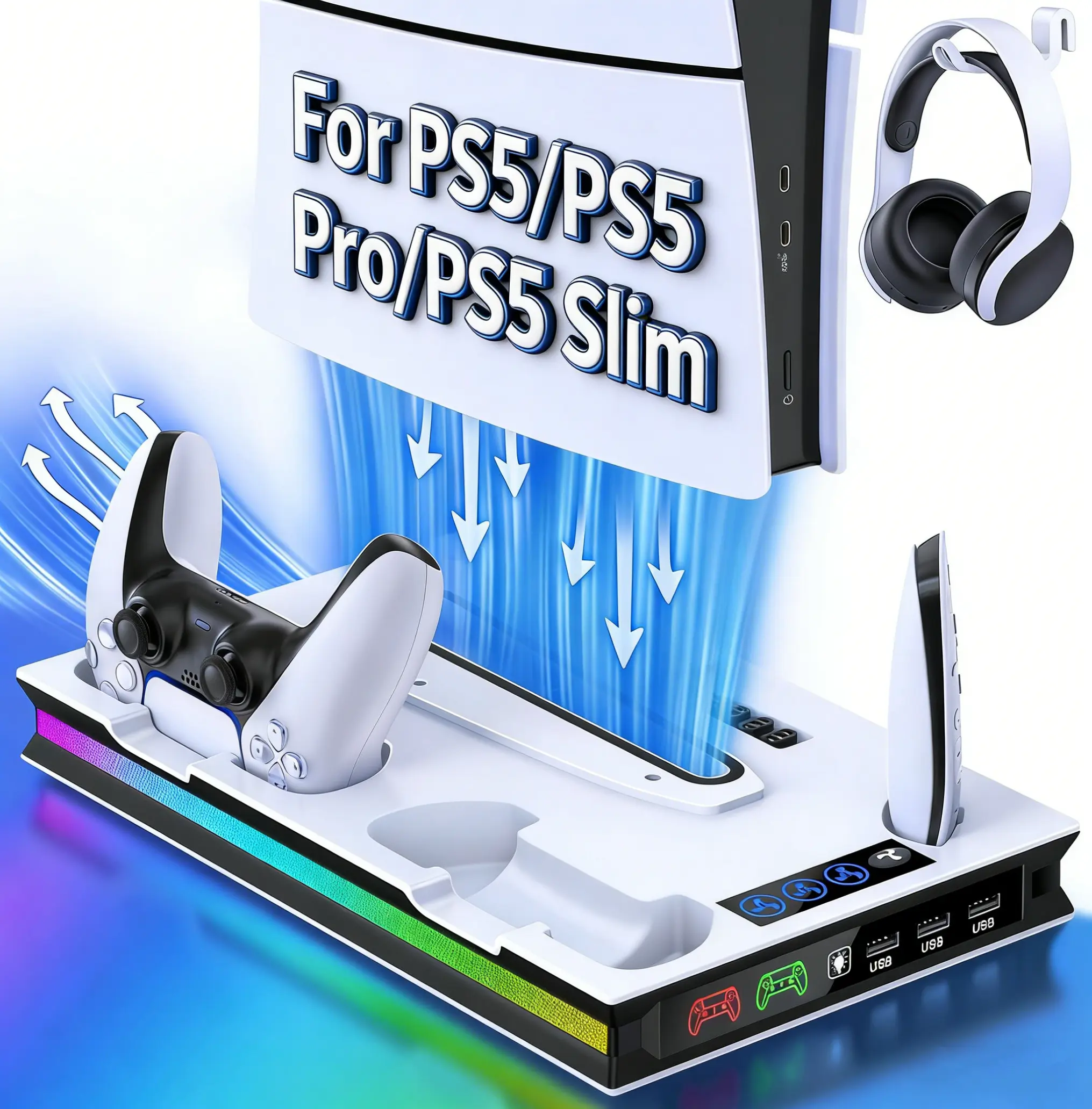 For PS5/Pro/Slim Stand and Cooling Station with Controller Charging Station for Playsation 5 Disc Digital Console, PS5 Accessories Incl. 3 Level Cooling Fan, LED, 3 USB Hub, Media Slot, Headset Holder