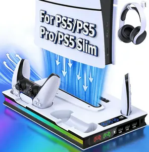 For PS5/Pro/Slim Stand and Cooling Station with Controller Charging Station for Playsation 5 Disc Digital Console, PS5 Accessories Incl. 3 Level Cooling Fan, LED, 3 USB Hub, Media Slot, Headset Holder