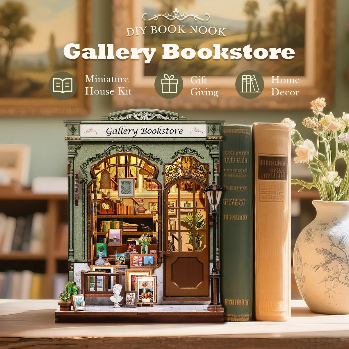 CUTEBEE Unisex DIY 3D Dollhouse Kit - Gallery Bookstore Wooden Miniature Set, Handmade Book Nook with Detailed Tiny Bookshelf, Room Decoration, Stress Relief Holiday Christmas Gift