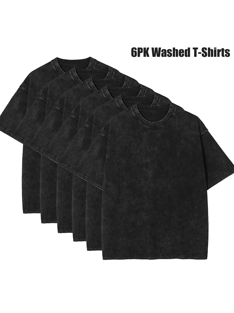 6 Pack Oversized T-Shirts for Men, Vintage Heavyweight Cotton Workout Tees, Acid Wash Baggy Gym T Shirts,loose,fashionable,teacher,viral,faith-based,america,casual Unisex Plain