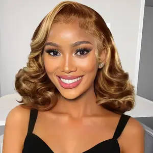 GK Loose Highlight Ombre Bob Wig Body Wave Human Hair 13x4 Lace Front Wigs 4/27 Colored Highlights Honey Blonde Lace Closure Wigs Glueless Pre Plucked Hairline 200% Density Bob Wigs for Women