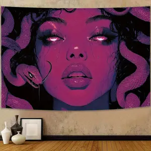 Cyberpunk snake design tapestry with vibrant purple, neon pink, and black art. Hand-stitched edges, soft peach light beige polyester fabric. Wrinkle and fade resistant for living room, bedroom, dorm, or party decor. Modern gothic home decor