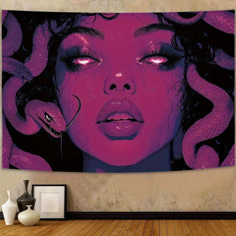 Cyberpunk Snake Design Tapestry - Art Velvet, Knit Hand-Stitched Edges, Vibrant Purple Neon Pink Black Art, Soft Peach Light Beige Polyester Fabric, Wrinkle & Fade Resistant, Modern Gothic Home Decor for Living Room, Bedroom