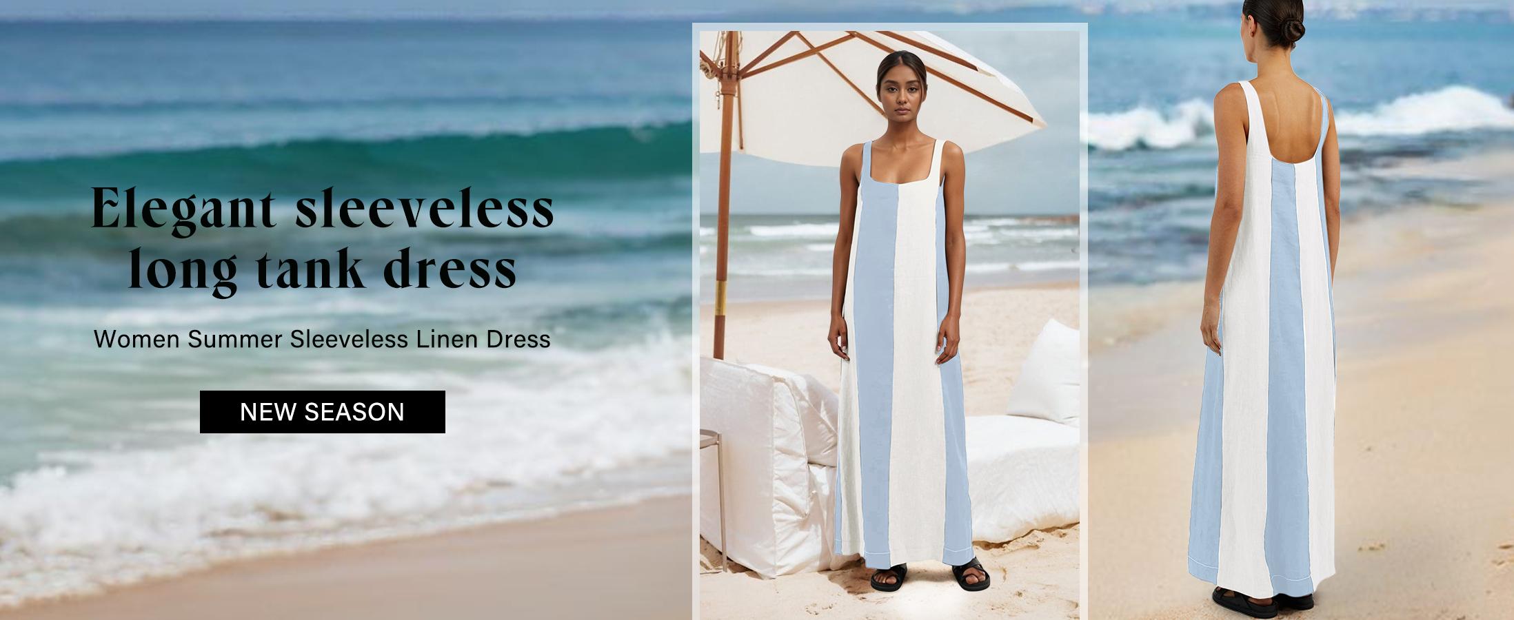 CHARTOU Women Summer Sleeveless Linen Dress Contrast Color Maxi Long Beach Vacation Tank Dress Cotton Linen Casual Dress