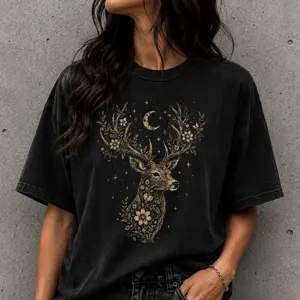Floral Moon Deer T-Shirt, Celestial Stag Graphic Tee, Comfort Colors Shirt Deer with Floral Antlers, Antler Shirt, Woodland Animal, Star and Moon, Womenswear, Cotton, Shirt, Animal Tee