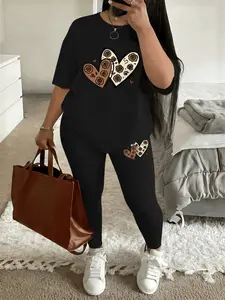 Printed pattern Women's Tee & Skinny Pants Two-Piece Set, Casual Fashion Cozy Round Neck Short Sleeve T-Shirt & Trousers for Everyday Outdoor Wear, Ladies Summer Clothes