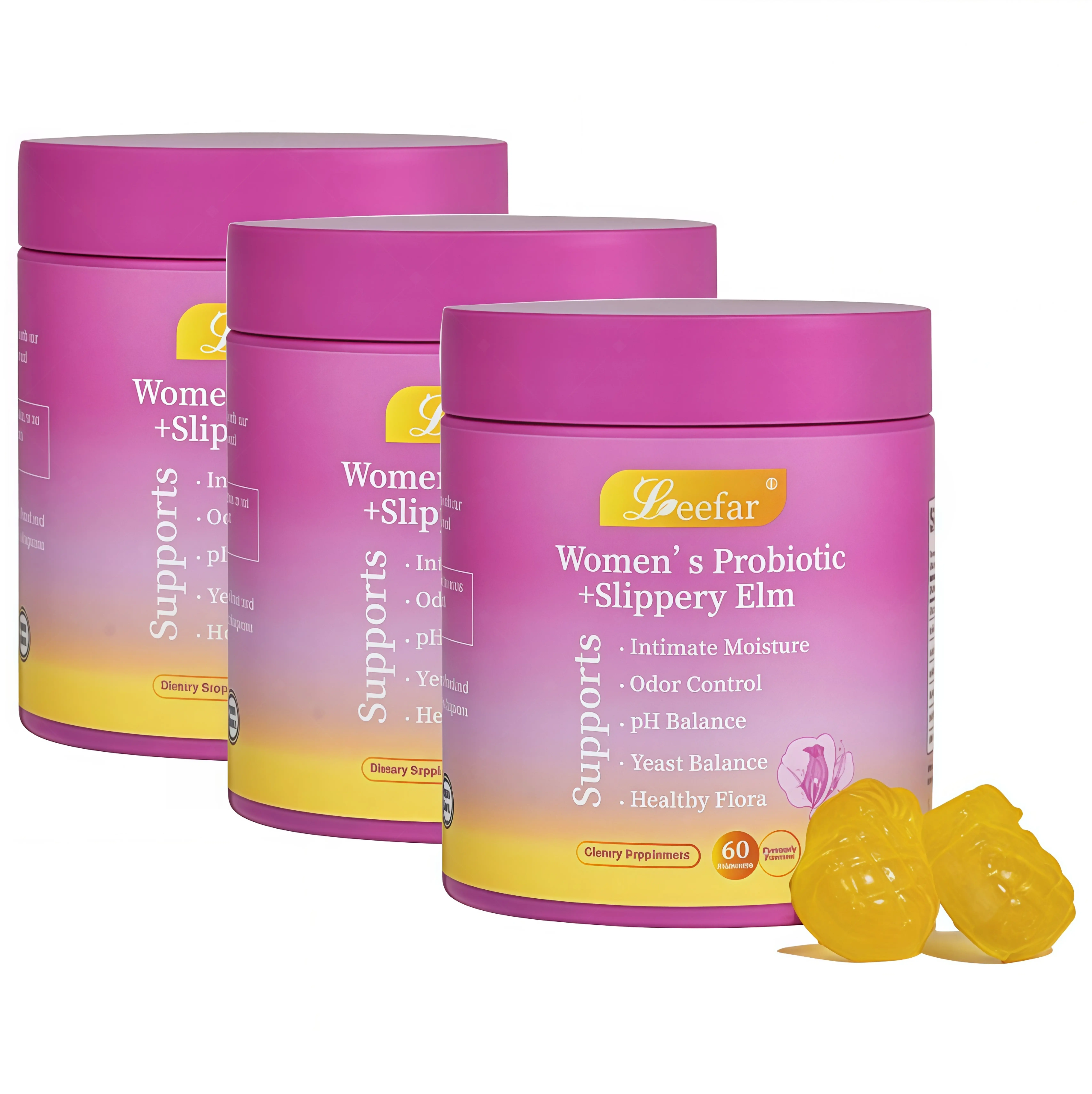 3 Botte LEEFAR Her Probiotics Gummies OY - All in One Solution with Slippery Elm and Prebiotics & Lactobacillus Probiotic Blend for Women's pH Balance and Dryness Hawaiian Pineapple Gummies Dietary Supplement