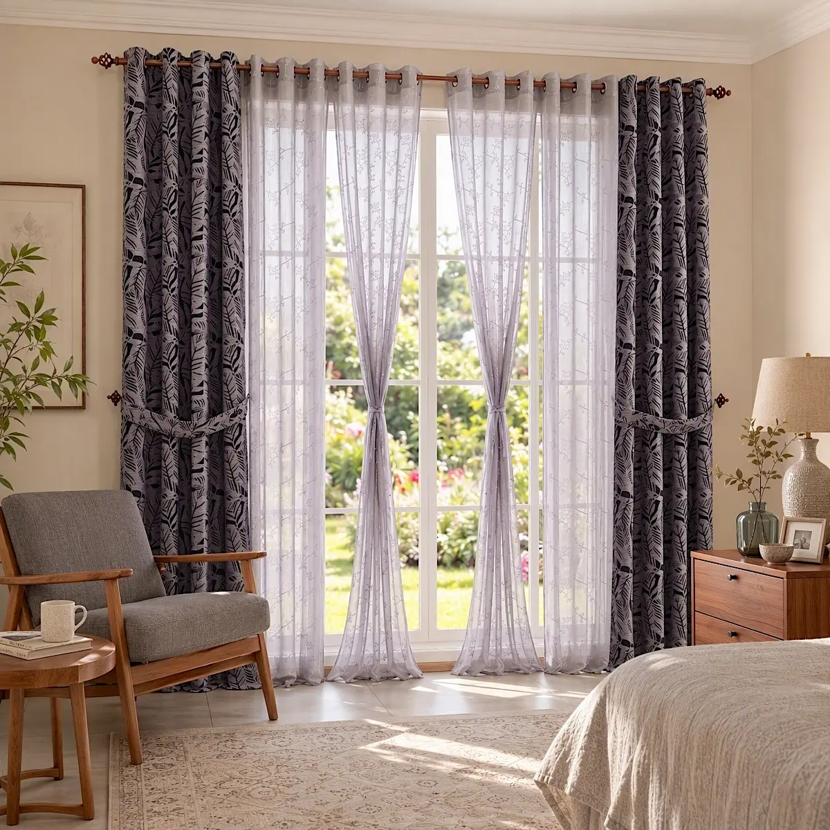 Room Darkening Sheer Curtains Combo 6 Panels Set, 2 Panels 55x95 Inch Linen-Look Boucle Palm Leaf Jacquard & 4 Panels 34x95 Inch Embroidered Semi Sheer, Thermal Insulated Noise Reducing Grommet Top Drapes for Bedroom Living Room Sliding Door TH12 MP22