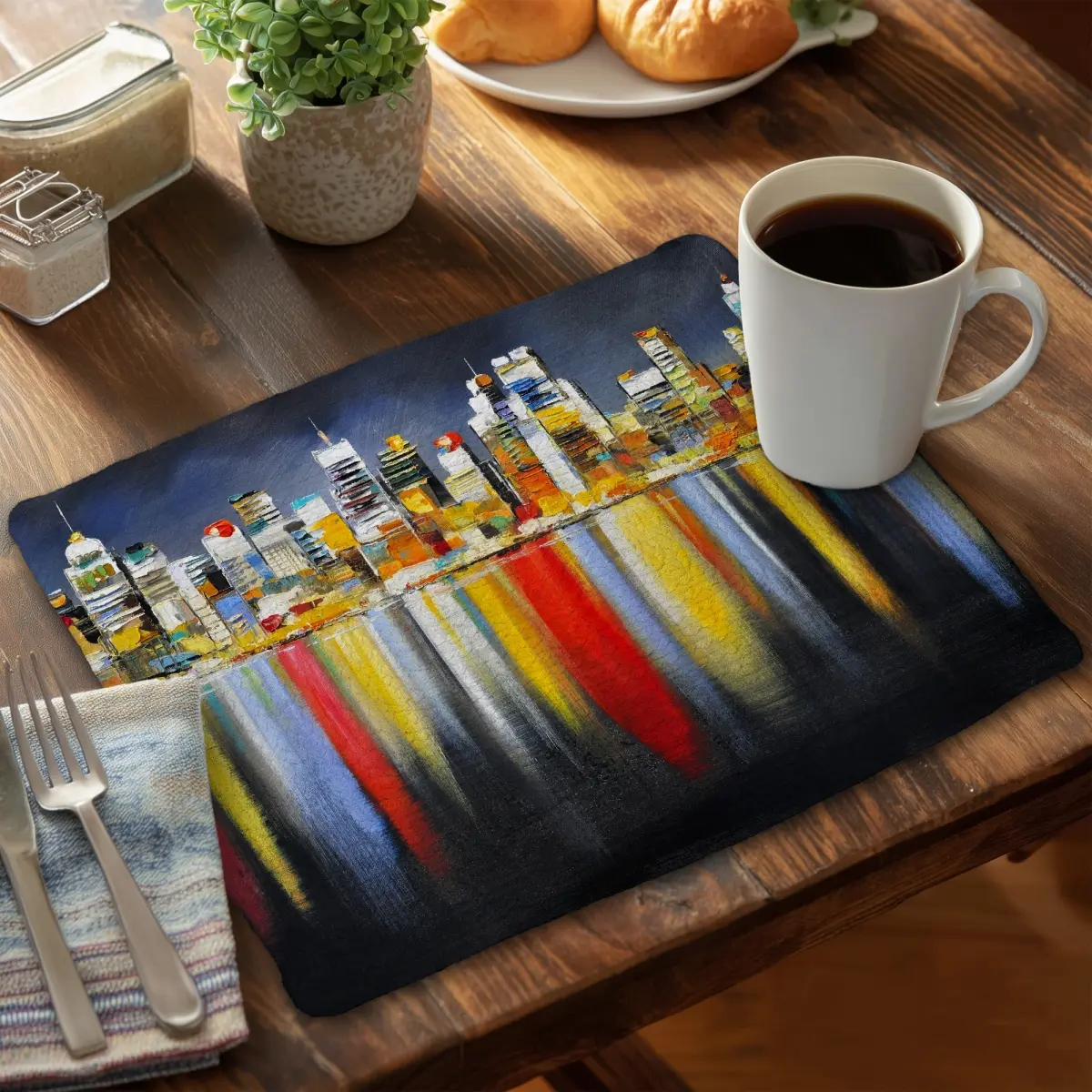 360 stand Aesthetic Braided Placemat - 14x18 in Blue Cities Building Night View Cityscape Art, Urban Charm Tableware, Coasters-Compatible Kitchen Table Accessory, Indoor, Versatile, Urban Chic, Print