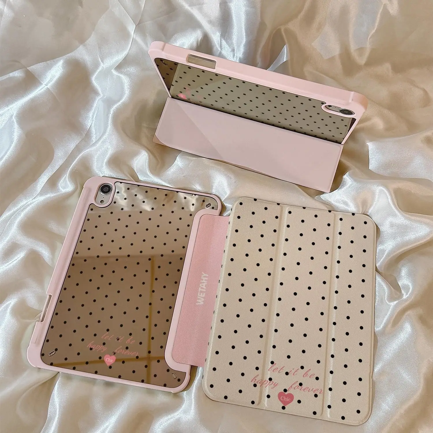 Milk Chestnut Polka Dot and Heart Design Tablet Cover, Tablet Accessories, Three-Fold Stand Mirror Back Case with Pen Slot, Fits iPad 10/9/8 Generation and More