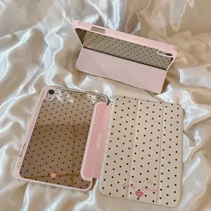 Milk Chestnut Polka Dot Heart Design iPad Case, Three-Fold Stand Mirror Back Cover with Pen Slot, Fits iPad 10/9/8 Generation & More, Tablet Cover