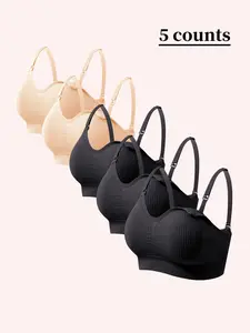 Women's Solid Color Seamless Nursing Bra, 5 Counts/set Soft Removable Chest Pad Maternity Bra, Maternity Lingerie for All Seasons, Wirefree Bra