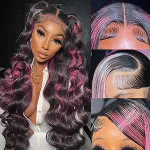 Gk Pink Highlight Wig Human Hair 13X6 Pink and Black Body Wave Lace FrontPre Plucked 200% Density Ombre Lace Front Wig Human Hair 32 Inch