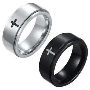 OIDEA Men's 2-Pack Anti-Rust Steel Fidget Rings, Christian Cross Emblem Religious Embellishments Anxiety Rotating Rings, Black Silver Latin Faith Statement Birthday Gift (Also Fits Women), Rings For Women, Fidget Ring