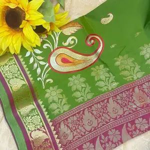 Katan saree- perfect for Mehedi wear comes with short sleeve stitching blouse Clothes Womenswear