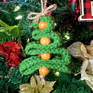 Rustic Crochet Tree Ornament with Wooden Bead Accents & Twine Details for Farmhouse Christmas Decor