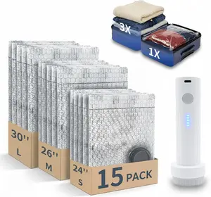 【2026 Upgraded】Cordless Travel Vacuum Storage Compression Bag Set with Rechargeable air Pump Waterproof & Reusable Compression Packing Bags for 3 Size,4000Pa Suction,Vacuum Seal Bags for Clothing,Perfect for Carry-On Suitcases