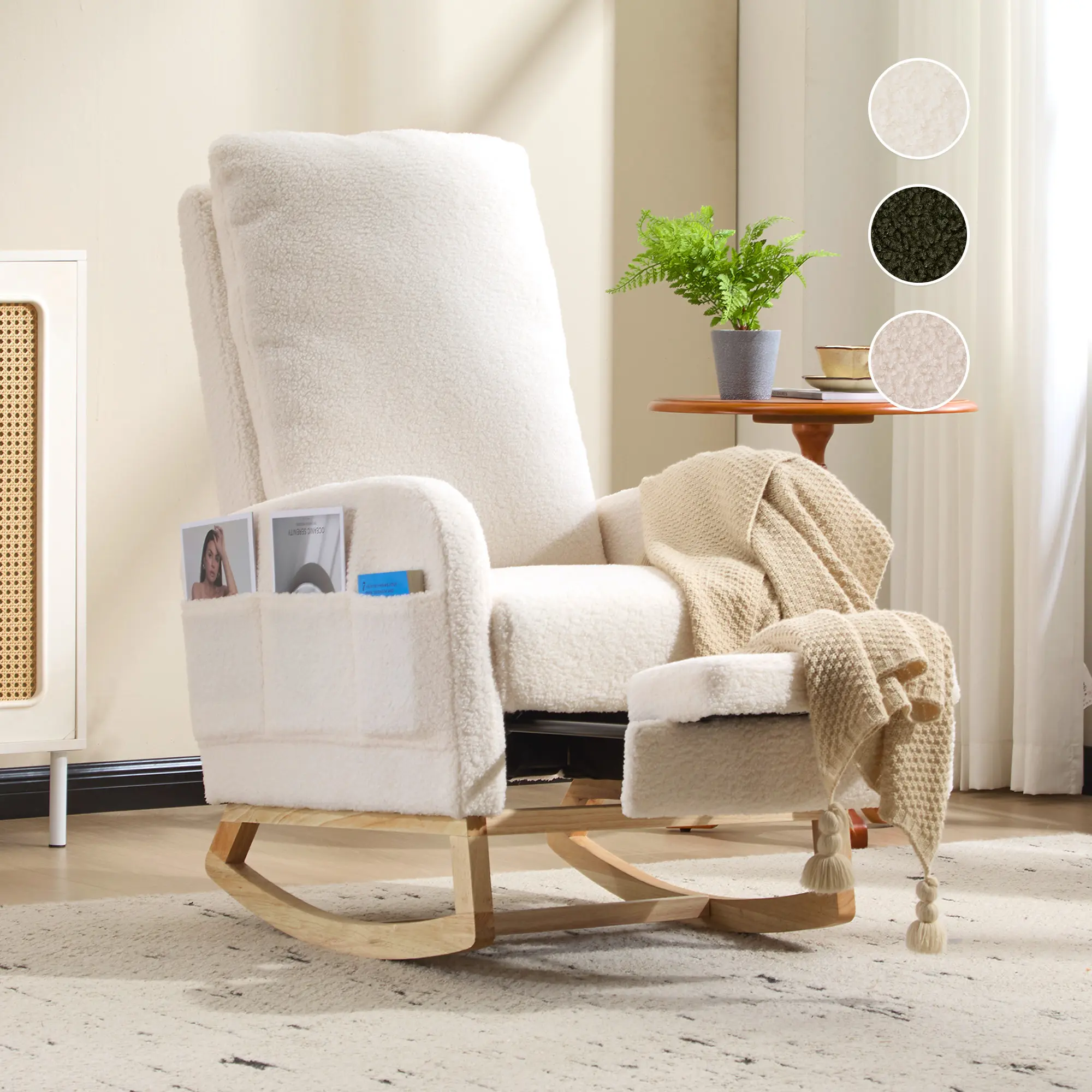 Nursery Rocking Chair, Comfy Accent Chair, Mother's Day Gift, with High Backrest Upholstered Living Room Chairs with Side Pocket Armchair Reading Chair for Bedroom Nursery Office