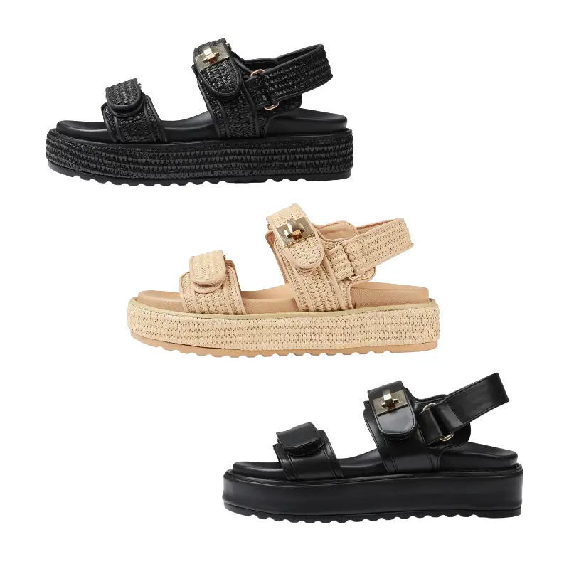 Women's Comfy Strappy Platform Sandals, Woven Raffia Flatform Shoe, Casual Summer Footwear for Women, Sandals Women