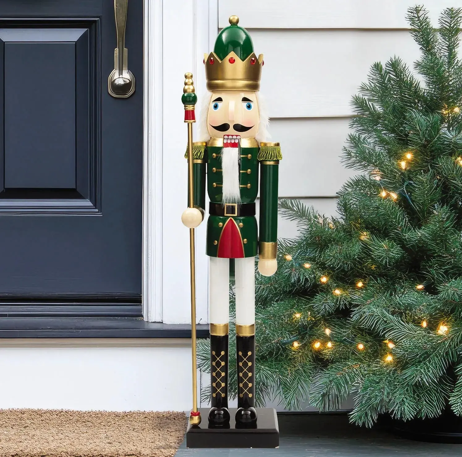 3 Ft Green Wooden Christmas Nutcracker Soldier with Gold Scepter