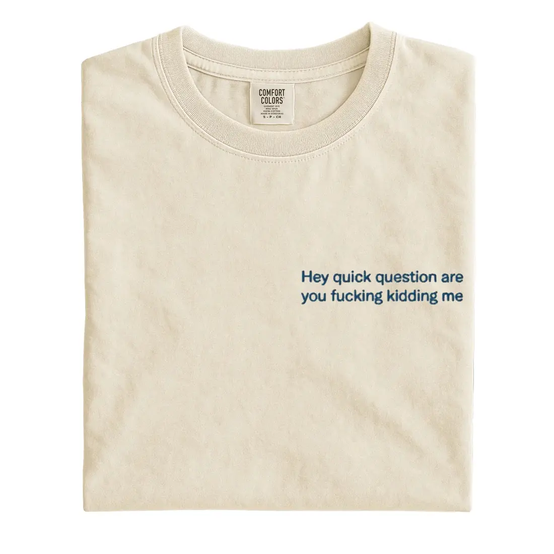 "Hey Quick Question Are You Kidding Me" Men's Short-Sleeve Embroidered T-Shirt - Graphic, Comfort Colors Cotton, Crewneck, Perfect Fit, Men's Clothing, Durable Seams, Twill-Taped Neck, Original Polychrome Goods, Foodie Fun Casual Tee