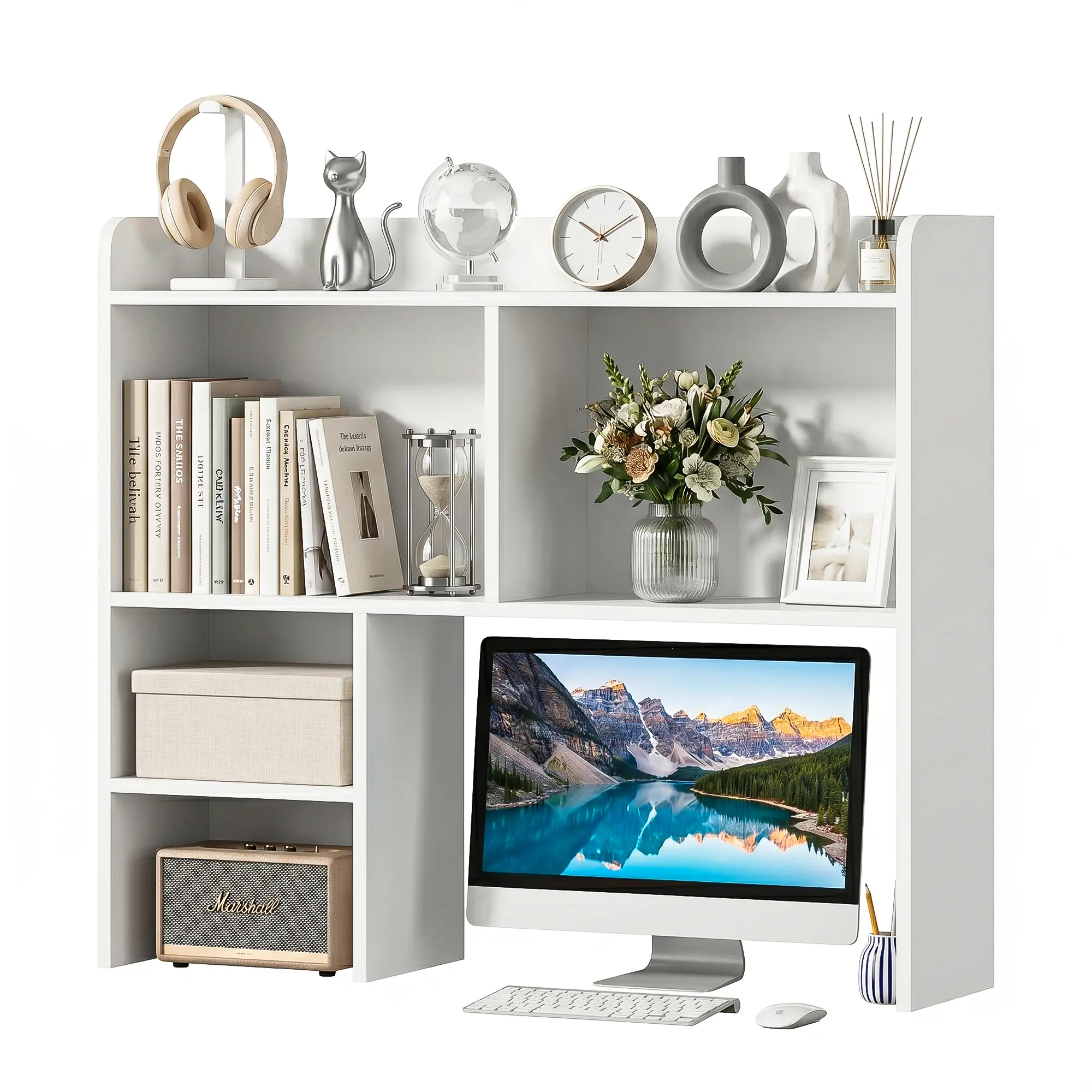 SuperDeal 4-Tier Wooden Desk Organizer – Sturdy Desktop Shelving Unit with Reinforced Brackets, Modern White Finish, and Versatile Storage for Home Office, Study, or Living Room Display