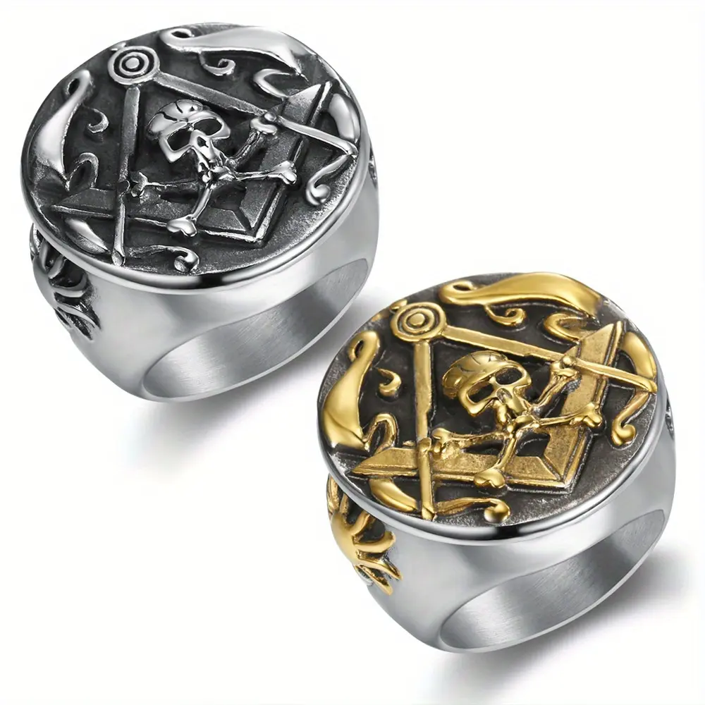 Vintage Stainless Steel Circular Freemason Skull Circular Men's Ring, Hip-hop Punk Style, Gift Jewelry for Men Inspirational Trauma Ring Statement Rings
