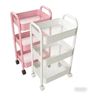 3-Tier Rolling Utility Cart with Caster Wheels,Easy Assembly, for Kitchen, Bathroom (Pink)