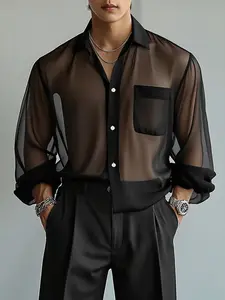 INCERUN Men Shirt Solid Chiffon Lapel Long Sleeve See Through Men Clothing Loose Sexy Streetwear Fashion Casual Camisas Tops Men Menswear