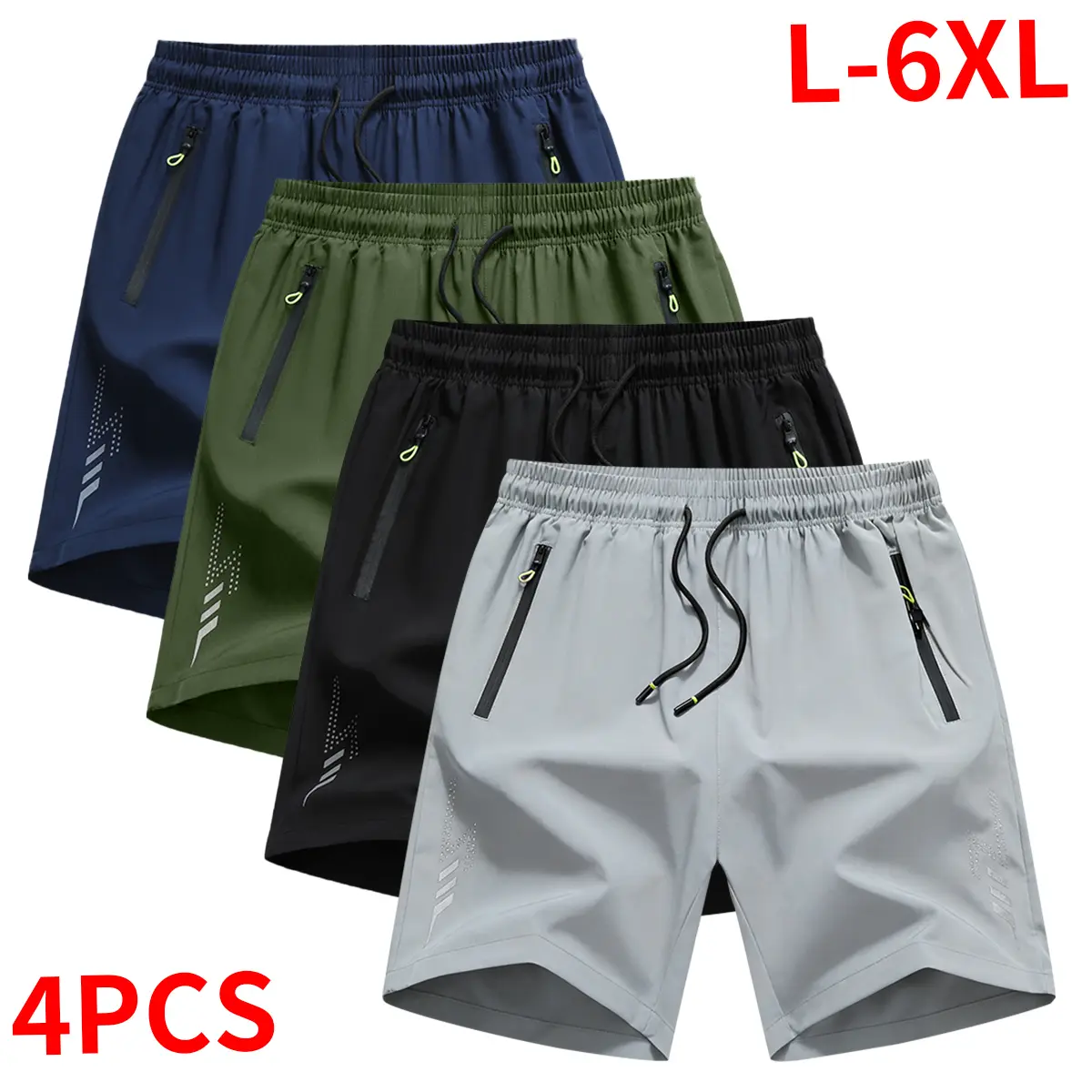 Men's Plus-Size Athletic Shorts 4-Pack, Solid Stretch Fabric with Loose Fit, Drawstring & Zip Pockets - Casual Athleisure Bottoms, Plussize, Men’s Shorts, Men's Wear