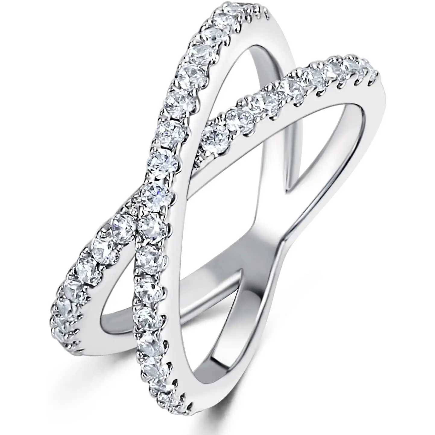 GEMSME Rhodium Cubic Zirconia Band Cross X Ring for Women Engagement Wedding R7989-W