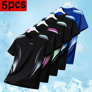 Men’s Summer Ice Silk Quick-Dry Short-Sleeve T-Shirt Pack of 5 — Breathable, Cool Sports/Fitness Base Layer with Trendy Colorblock Design, Casual Top Suitable for Running, Training, and Outdoor Activities